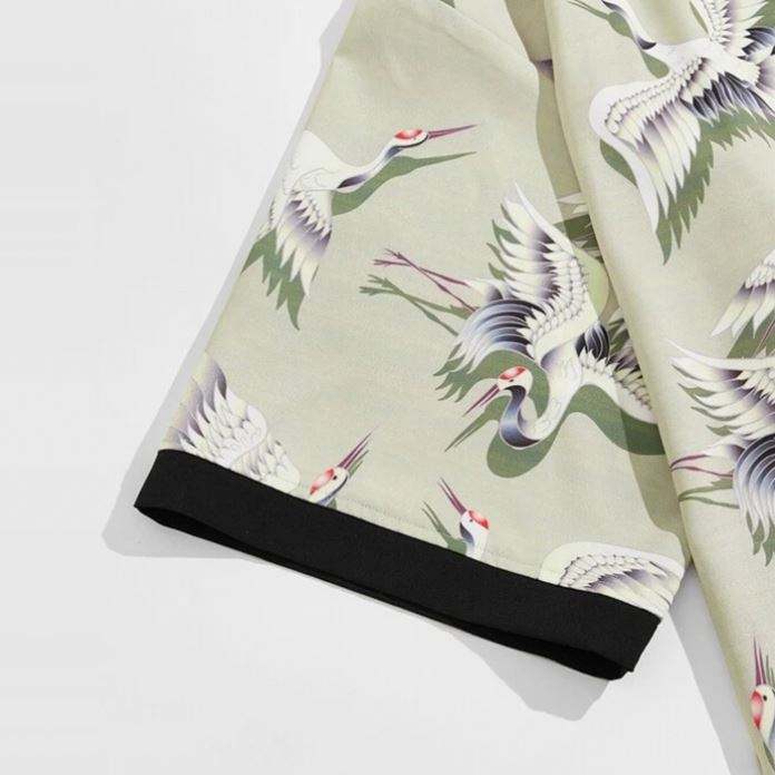Summer Fashion Shorts Set Mens Crane Print Contrast Binding Kimono Shorts Set Mens Two Piece Shorts Set