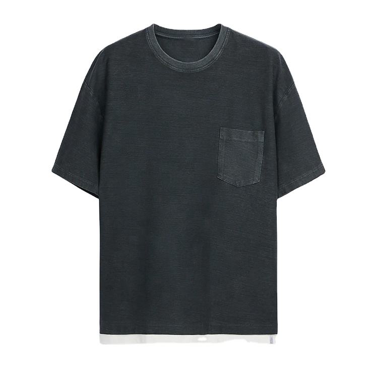 T-Shirt Tersuai Mens Cotton Lengan Pendek Dicuci Vintage Poket Dada T Shirt