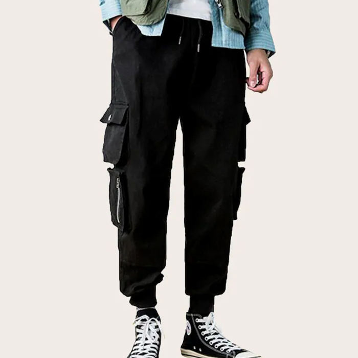 Custom Streetwear Black Zipper Drawstring Waist Mens Cargo Pants