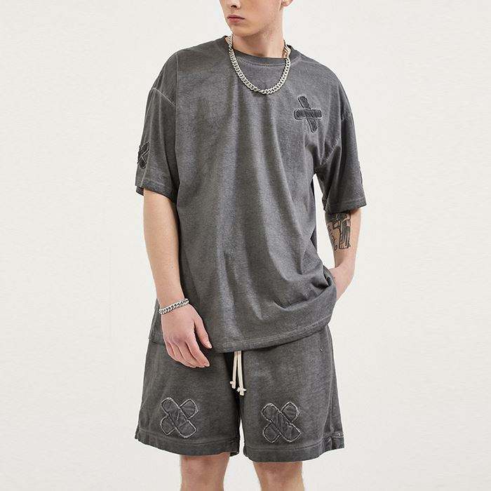 Массовые спортивные костюмы, короткий комплект, винтажная стираная вышитая мужская футболка из 100% хлопка, футболка из двух предметов и короткий комплект