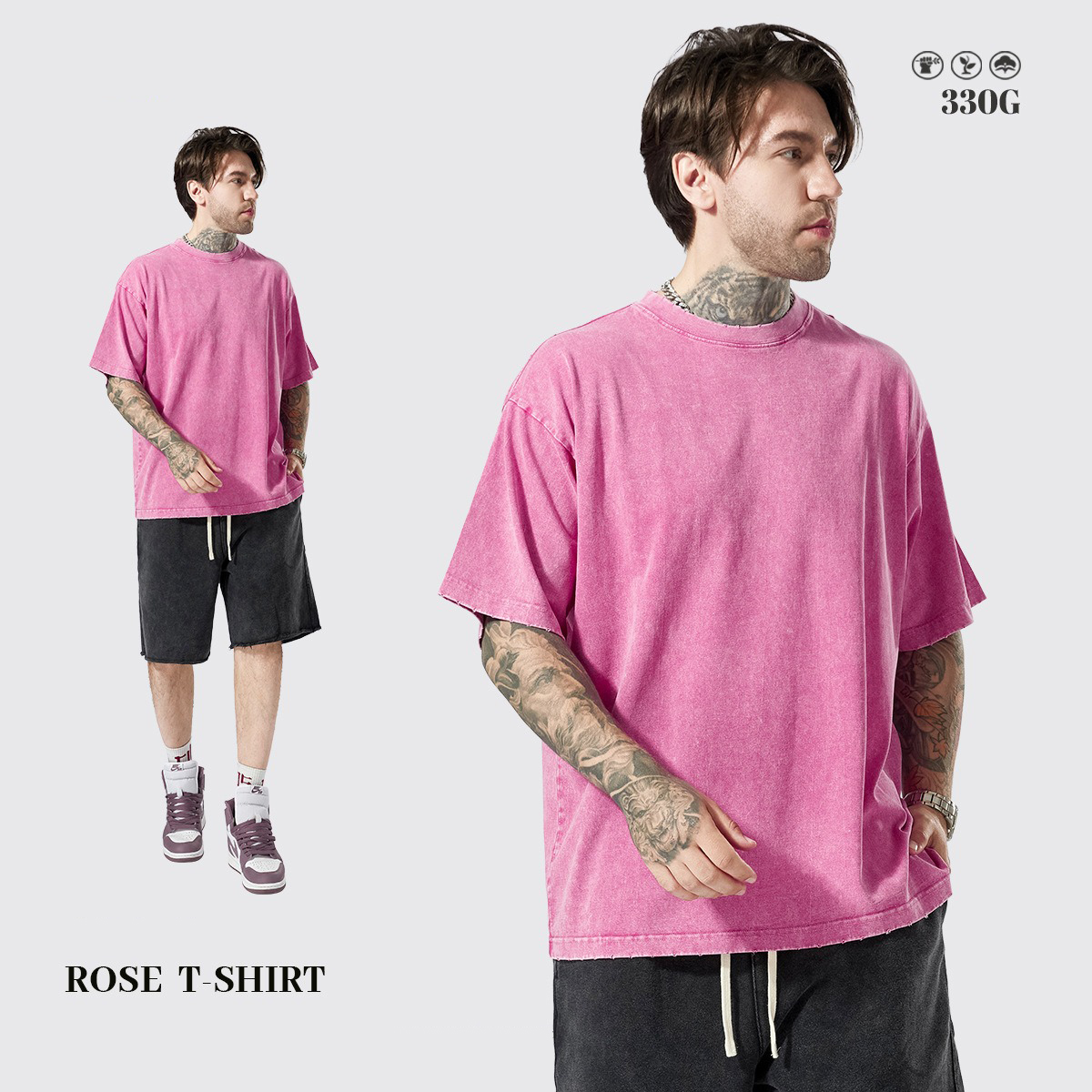 330 Gsm 100% Cotton Streetwear Blank Drop Shoulder Vintage Washed Heavyweight Plus Size Oversized Custom Men's T-shirts