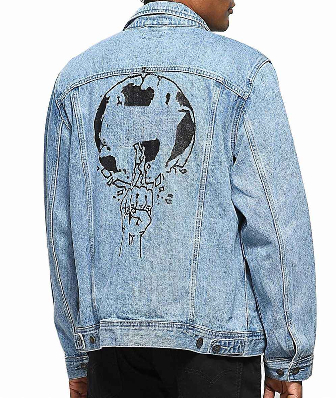 Oem Manufacturer Custom Mens Light Blue Graphic Printed Back Denim Cotton Classic Jean Jacket