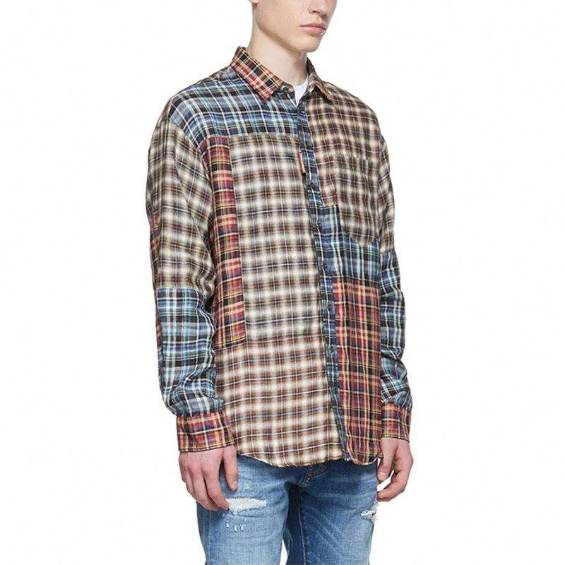 OEM Manufacturer High Quality Long Sleeve Square Collar Patch Pocket Multicolor Patchwork Linen Plaid Shirt