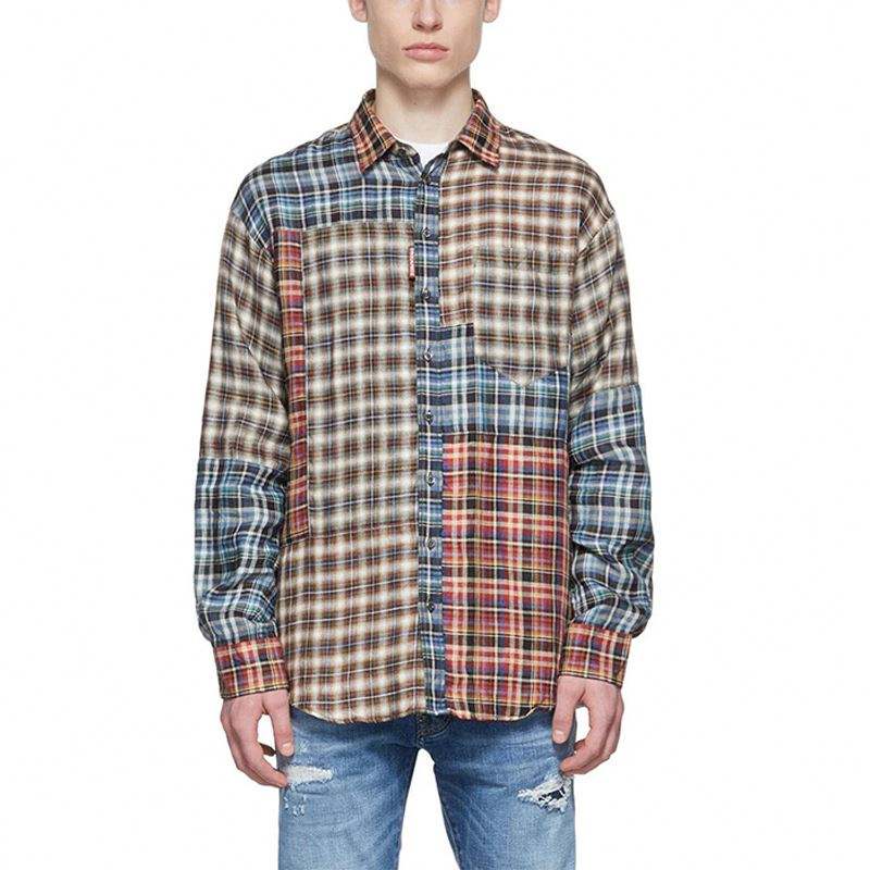 OEM Manufacturer High Quality Long Sleeve Square Collar Patch Pocket Multicolor Patchwork Linen Plaid Shirt