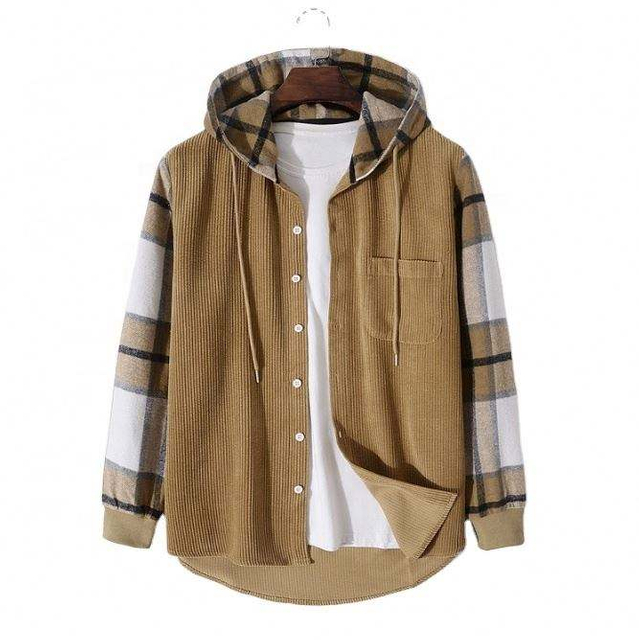 Oem Manufacturer Customized Color Block Plaid Sleeves Corduroy Hood Casual Plus Sizes Men's Jacket