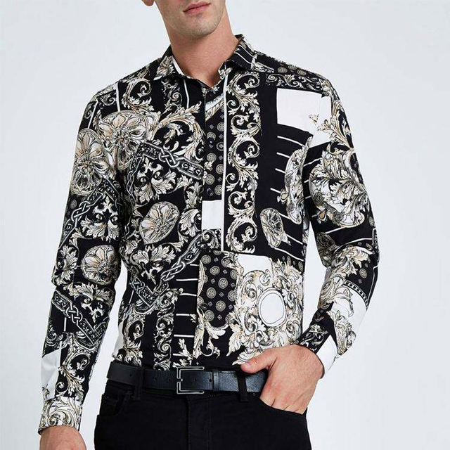 OEM Manufacturer Men's Clothing Black Mixed Skin Fit Shirts Baroque Print Mens Casual Slim Fit Shirts