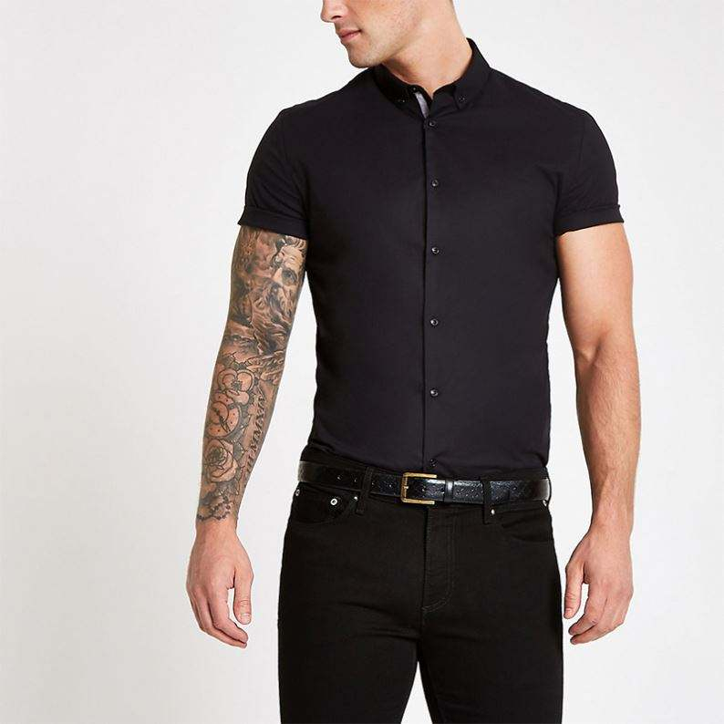 OEM Manufacturer Wholesale Mens Dress Shirts Black Poplin Grandad Collar Muscle Fit Shirt