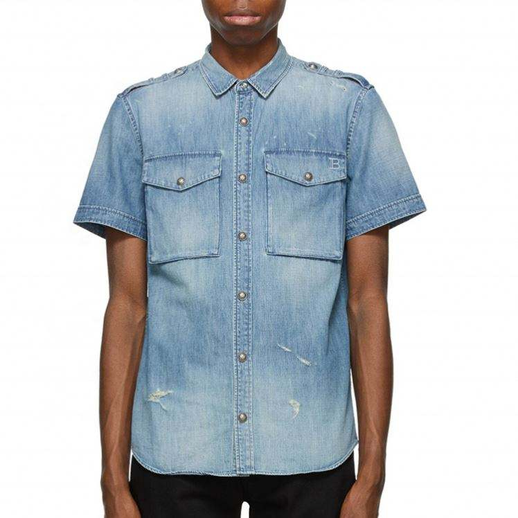 OEM Manufacturer Service Short Sleeve Blue Distressed Denim Men Jean Shirt