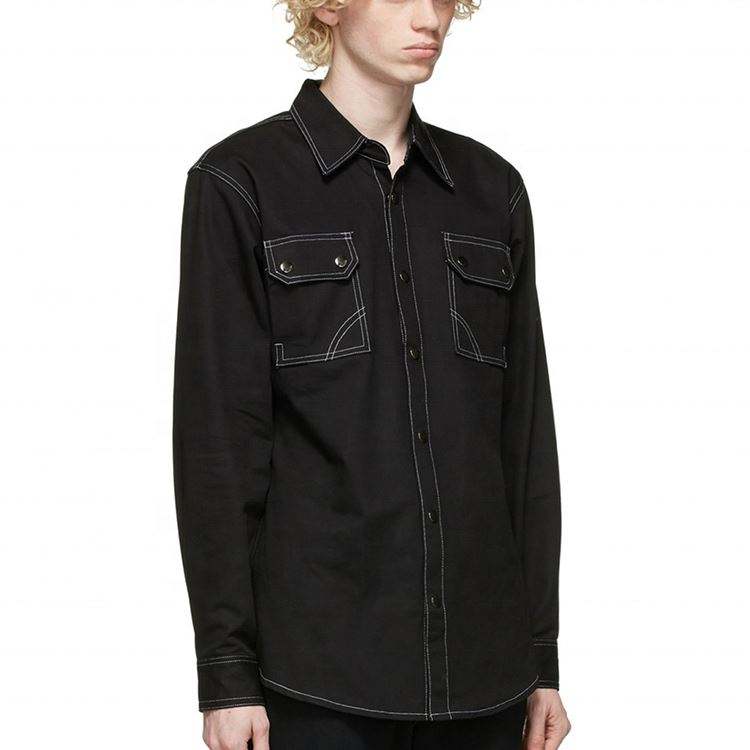 OEM Manufacturer Custom High Quality Long Sleeve Contrast Stitching Black Denim Shirt For Men