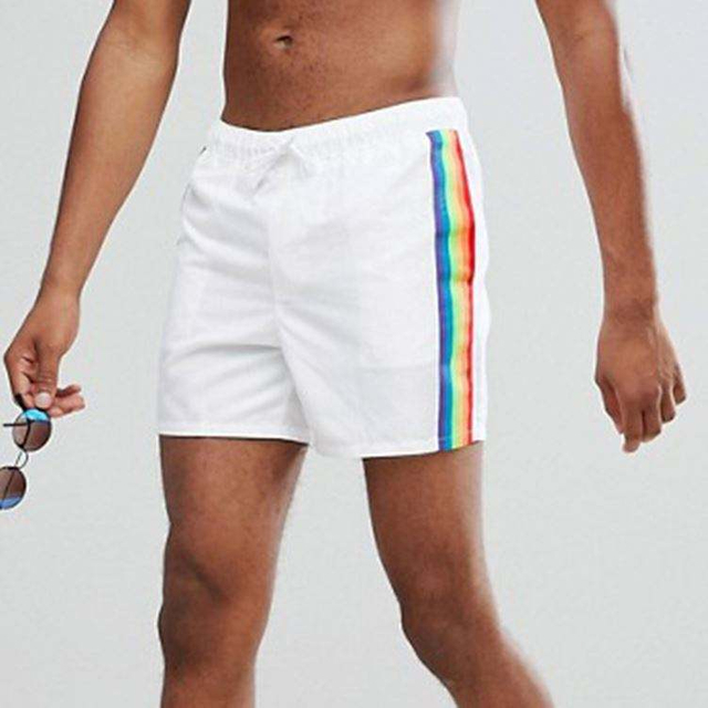 Manufacturer Custom Men's Swimwear Rainbow Side Tape Polyester Shorts