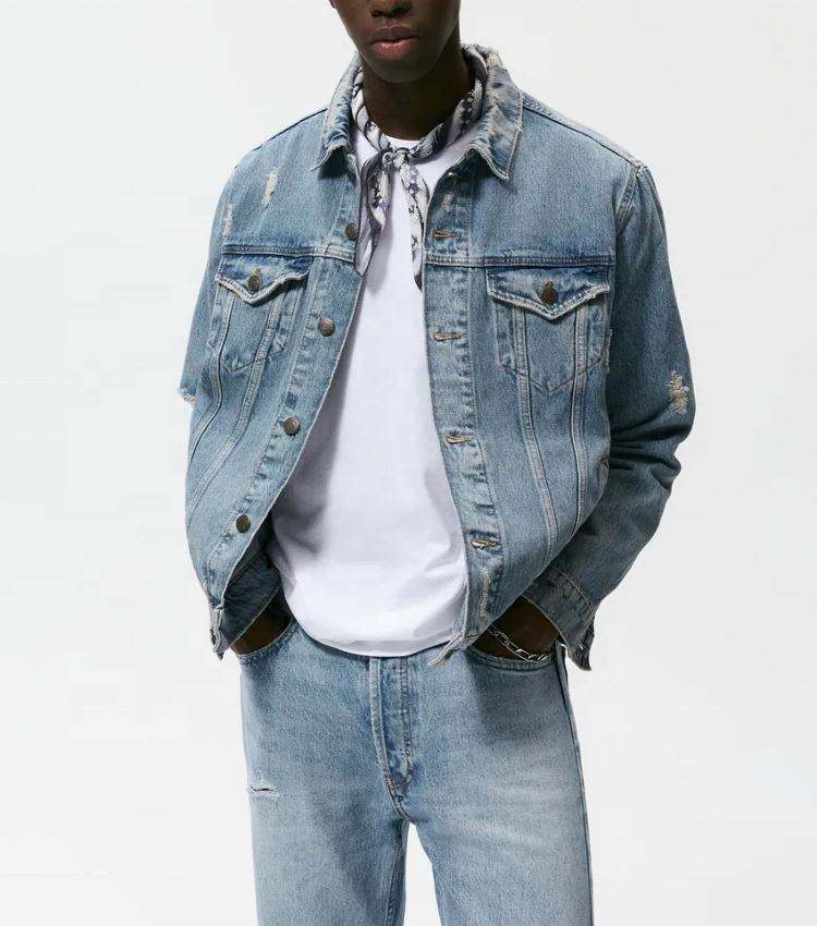 OEM Manufacturer Custom Mens Cotton Streetwear Button Up Vintage Distressed Jean Denim Jacket