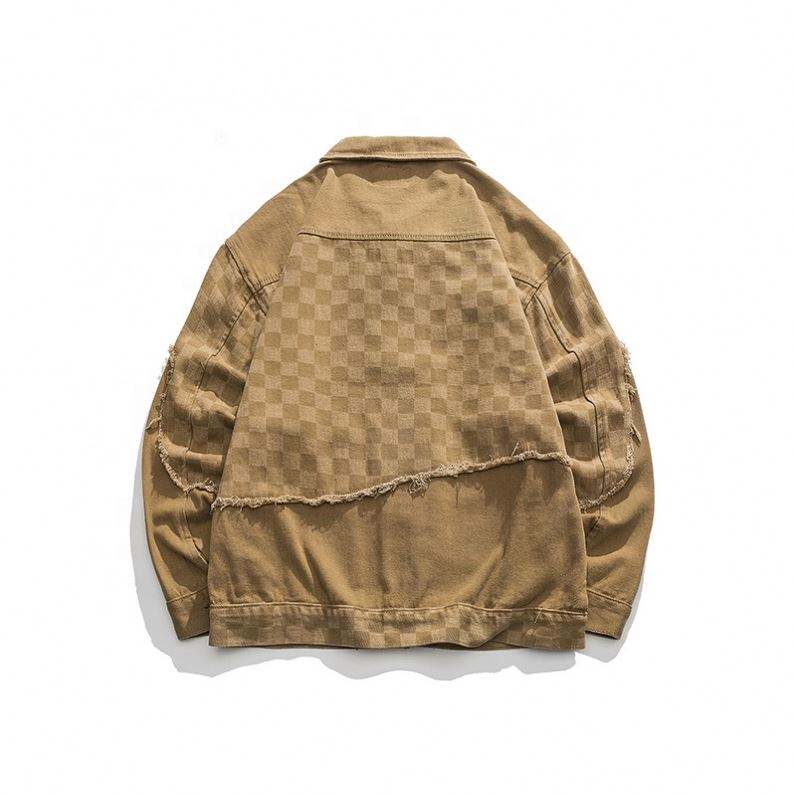 OEM Manufacturer New Custom Logo Patchwork Denim Plaid Lapel Vintage Casual Top Jacket