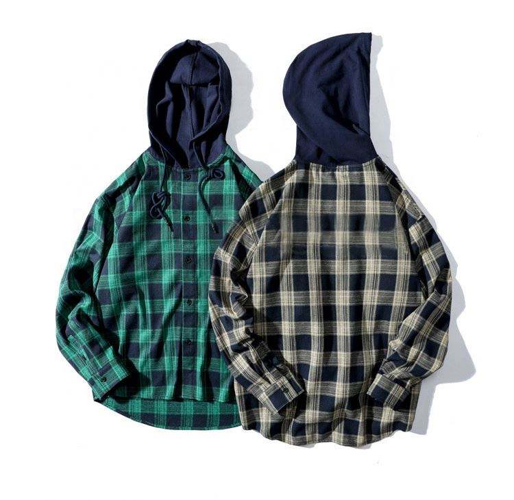 OEM Manufacturer Men's Loose Plaid Long-Sleeve Shirt Hooded Casual Oversized Shirt