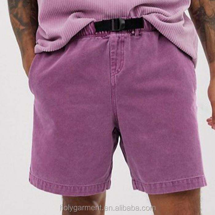 Hot Selling Fashionable Men's Slim Shorts With Utility Belt Washed Purple Heavyweight Canvas Shorts