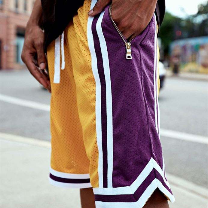 High Quality Oem Sportswear Basketball Shorts Custom Color Block Striped Trim Detail Mens Mesh Shorts With Zip Pocket