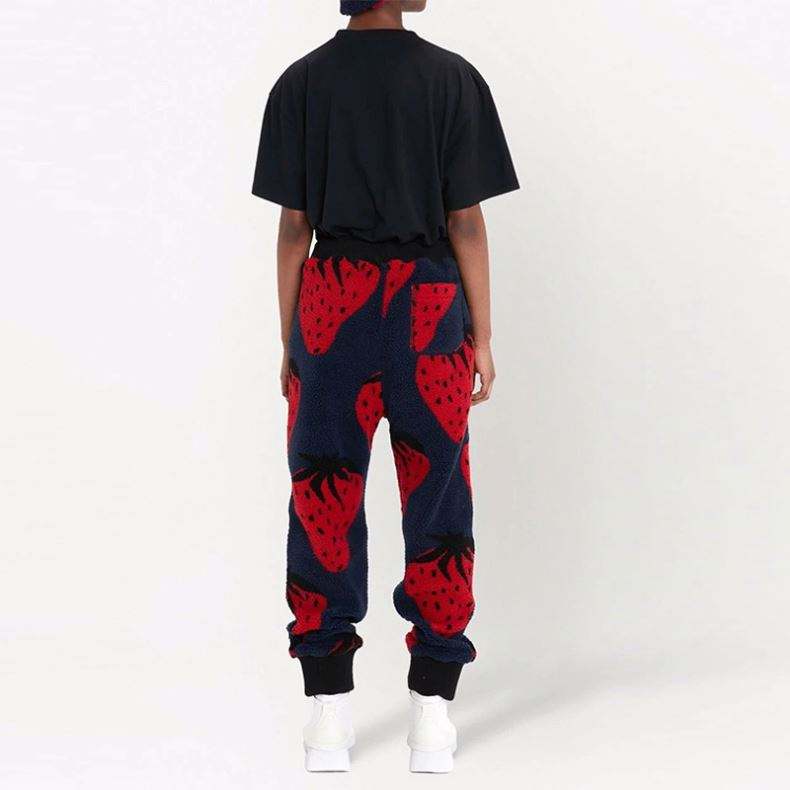 OEM Manufacturer Custom Men Casual Pants Elastic Waist Drawstring Ribbed Cuffs Black Strawberry Print Fleece Sweatpants