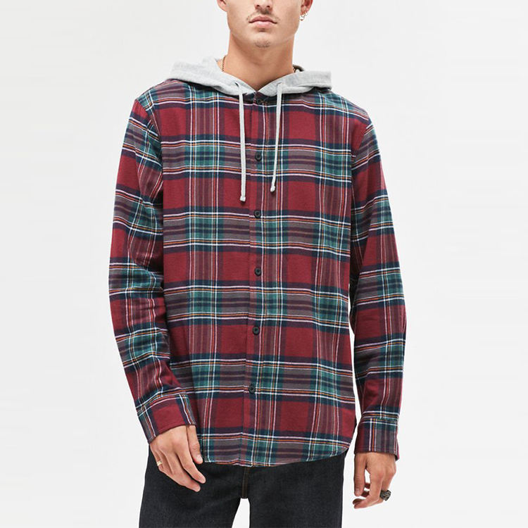 OEM Manufacturer Red Plaid Flannel Hooded Shirt Men