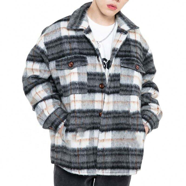 Oem Manufacturer Customized Anti Wool Plaid Applique Men's Coat Casual Loose Plus Size Jacket
