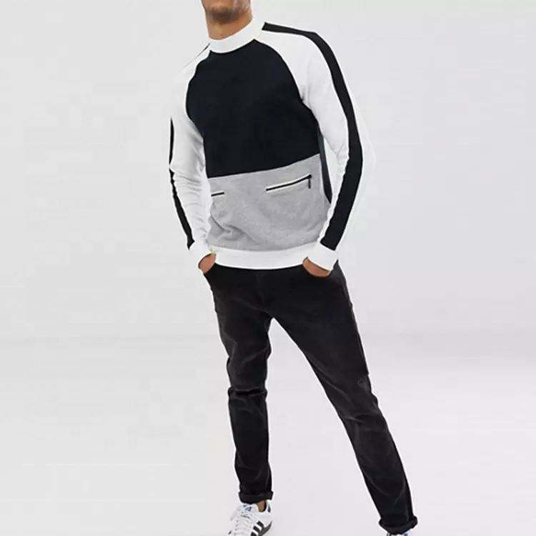 OEM-produsent Custom Cotton herrefrakker Color Block Sweatshirt med høy rund hals med glidelåslomme foran