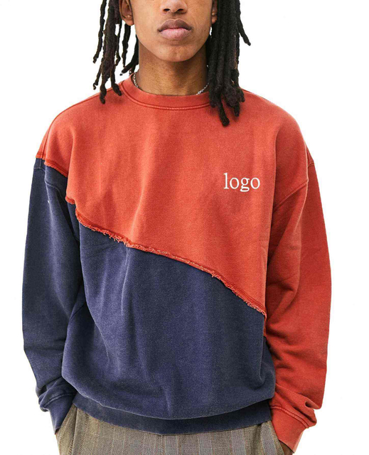 OEM Manufacturer Custom Men Cotton Oversized Color Block Raw Hem Stitching Crew Neck Sweatshirts