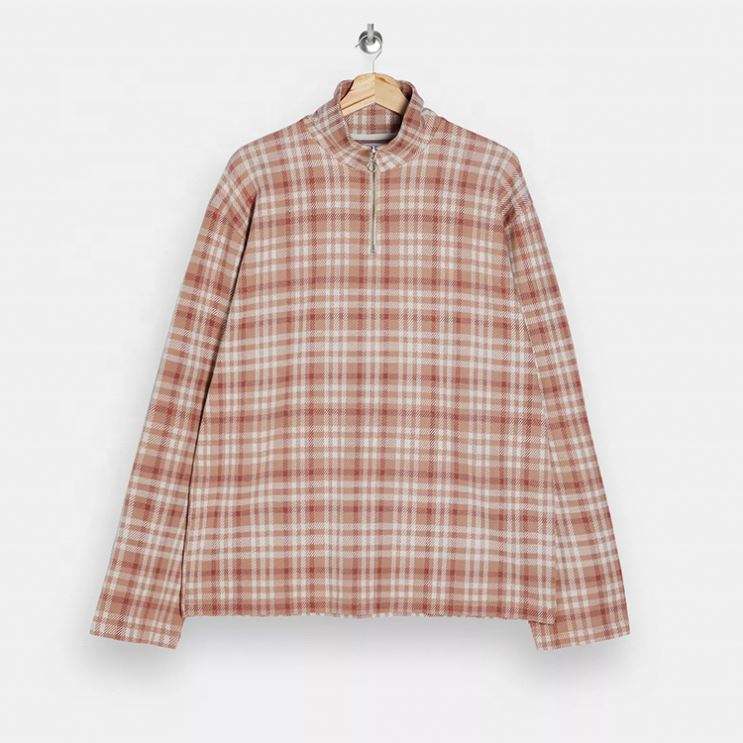 OEM Manufacturer Custom High Quality Men High Neck Plaid Check Pattern Zip Up Sweatshirt