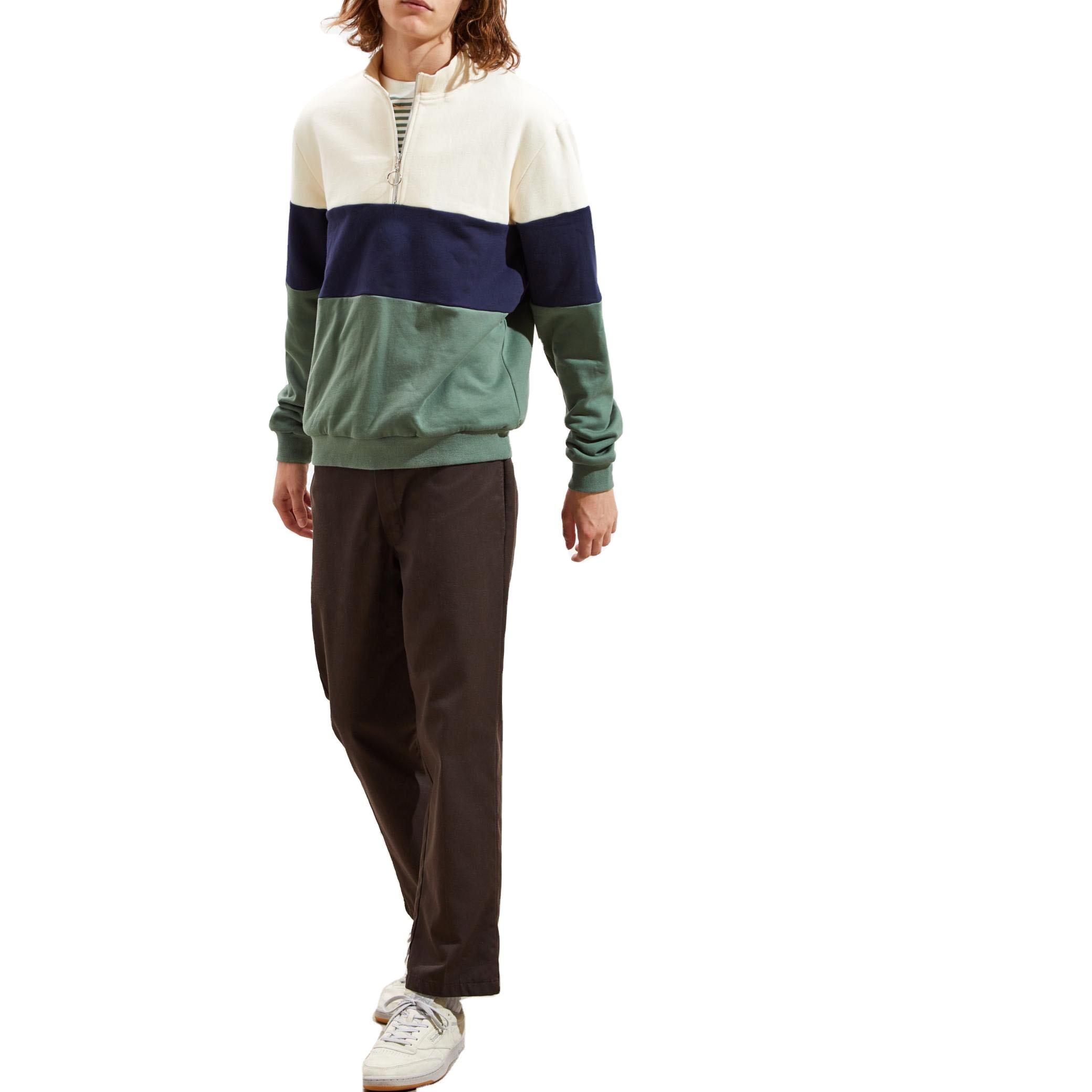 Custom Wholesale Streetwear Men Pullover Fleece Colorblock Striping Half-Zip Hoodies Sweatshirt