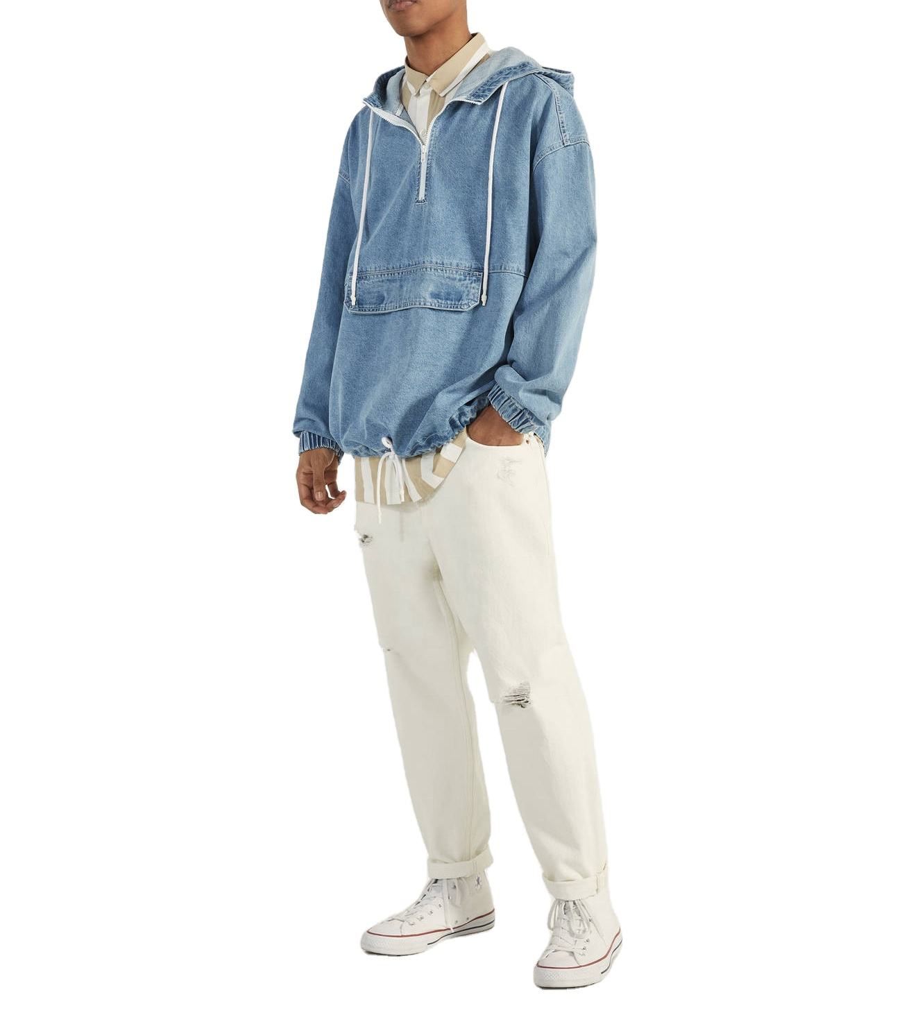 Custom Light Blue Denim Pouch Pocket Oversized Pullover Jacket Men Hoodie