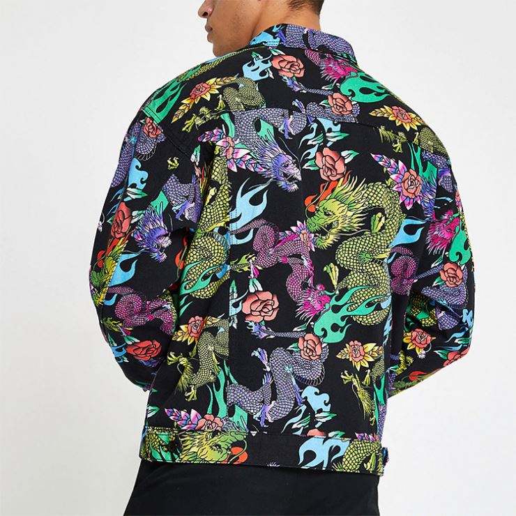Vruća rasprodaja prilagođene jakne Muška muška bombaška jakna s ispisom uzorka zmaja, džepovi s gumbima sprijeda, visoke kvalitete