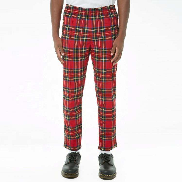 Fashion Spring Mens Slim Fit Red Plaid Pants With Slanted Zip Pockets
