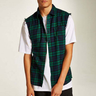 OEM Manufacturer Mens Casual Shirts Flannel Plaid Sleeveless Custom Shirt