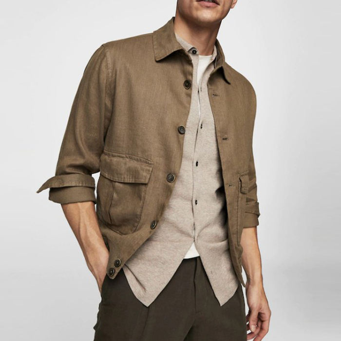 Custom Logo Design Linen Blend Classic Collar Jacket Long Sleeve With Buttoned Cuffs Pockets Men's Jackets