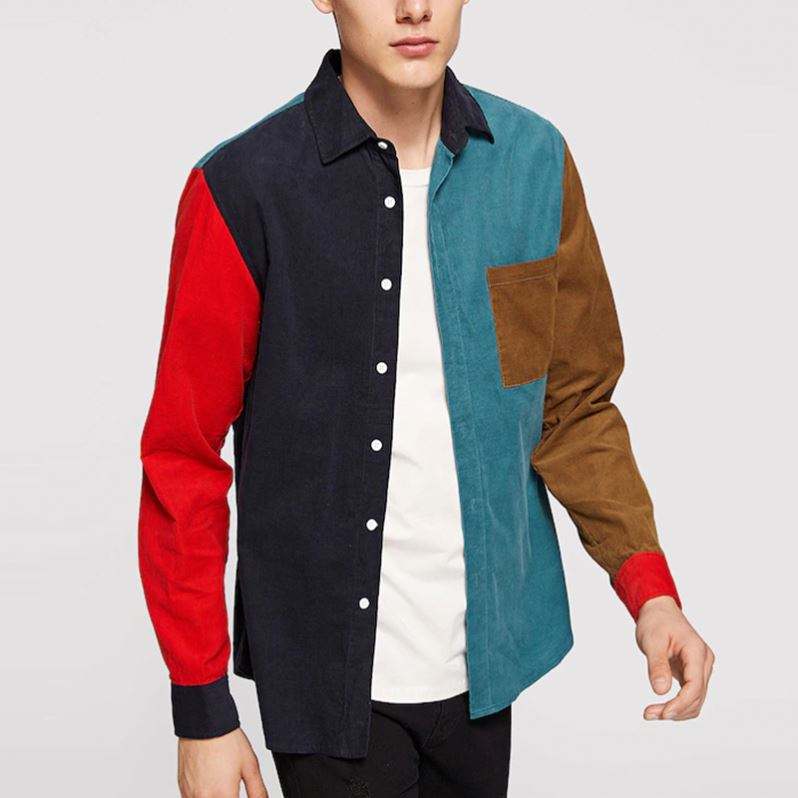 OEM Manufacturer Wholesale Long Sleeve Shirts Men Single Pocket Color Block Corduroy Shirt