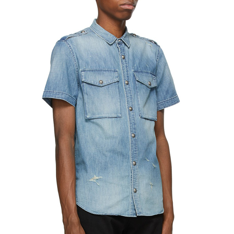 OEM Manufacturer Service Short Sleeve Blue Distressed Denim Men Jean Shirt