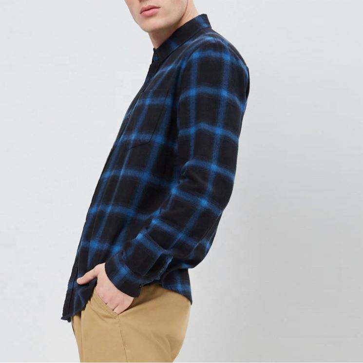 Camisa de franela a cuadros con botones de manga larga negra y azul informal de moda para hombres del fabricante OEM