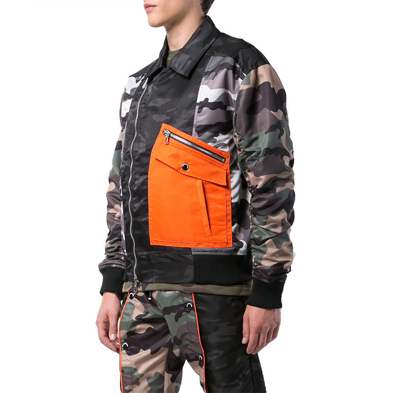 OEM Manufacturer Custom Men's Coat High Quality Long Sleeve Turn-Down Collar Zipper Patchwork Sport Camouflage Jacket