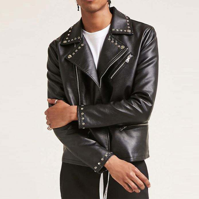 Mens New Fashion Style High Quality Studded Faux Leather Jacket