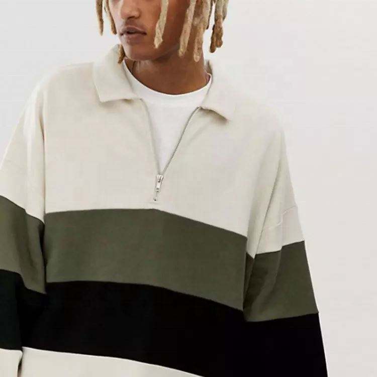 OEM Manufacturer Custom Oversized Mens Drop Shoulder Half Zip Color Block Sweatshirt Hoodie