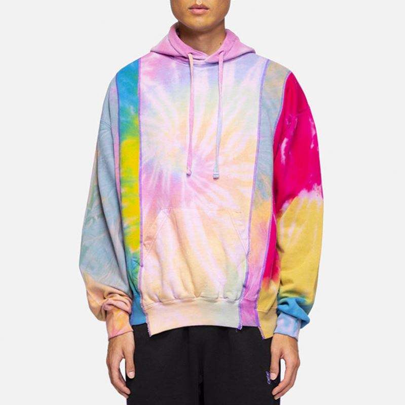 ຜູ້ຜະລິດ OEM Custom Men Long Sleeve Sweatshirt Pullover Drawstring Plus Size Personality Colorful Patchwork Tie Dye Hoodies
