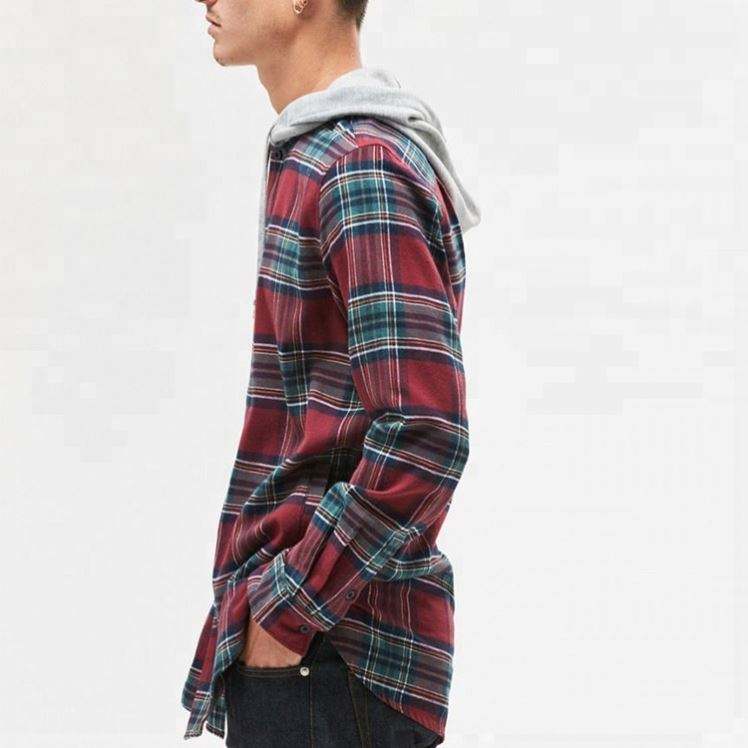 OEM Manufacturer Red Plaid Flannel Hooded Shirt Men
