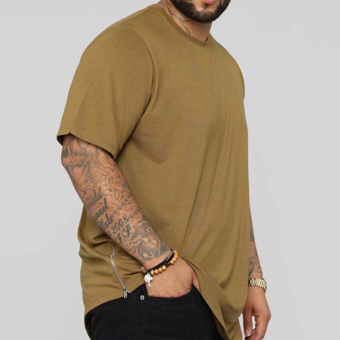 High Quality Cotton Tshirt Custom Short Sleeve High Low Bottom Side Zip Hem Men's T-Shirts