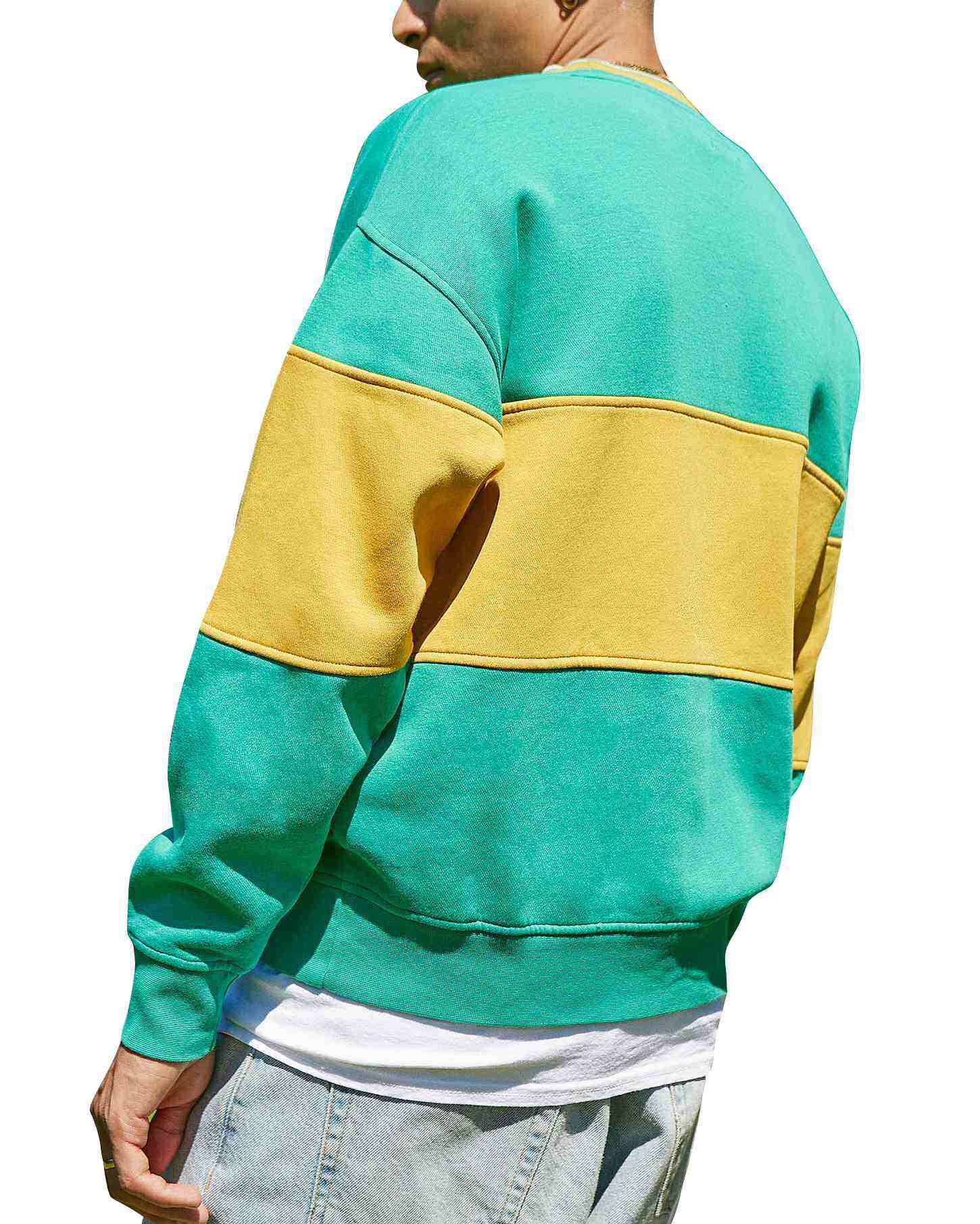 OEM Manufacturer Oversized Heavy Weight Cotton Fleece Crew Neck Pullover Green And Yellow Colorblock Sweatshirts