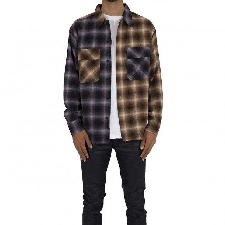 OEM Manufacturer Custom Relaxed Fit Two Tone Color Block Long Sleeve Big Plaid Check Flannel Shirts For Men
