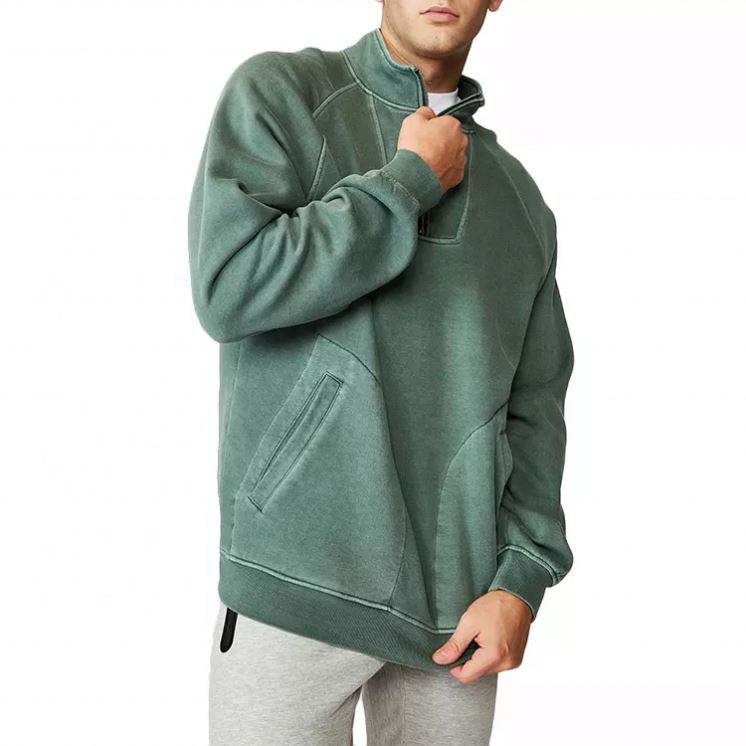 OEM proizvođač visokokvalitetne muške trenirke s patentnim zatvaračem, muški zeleni pulover s okruglim izrezom od flisa