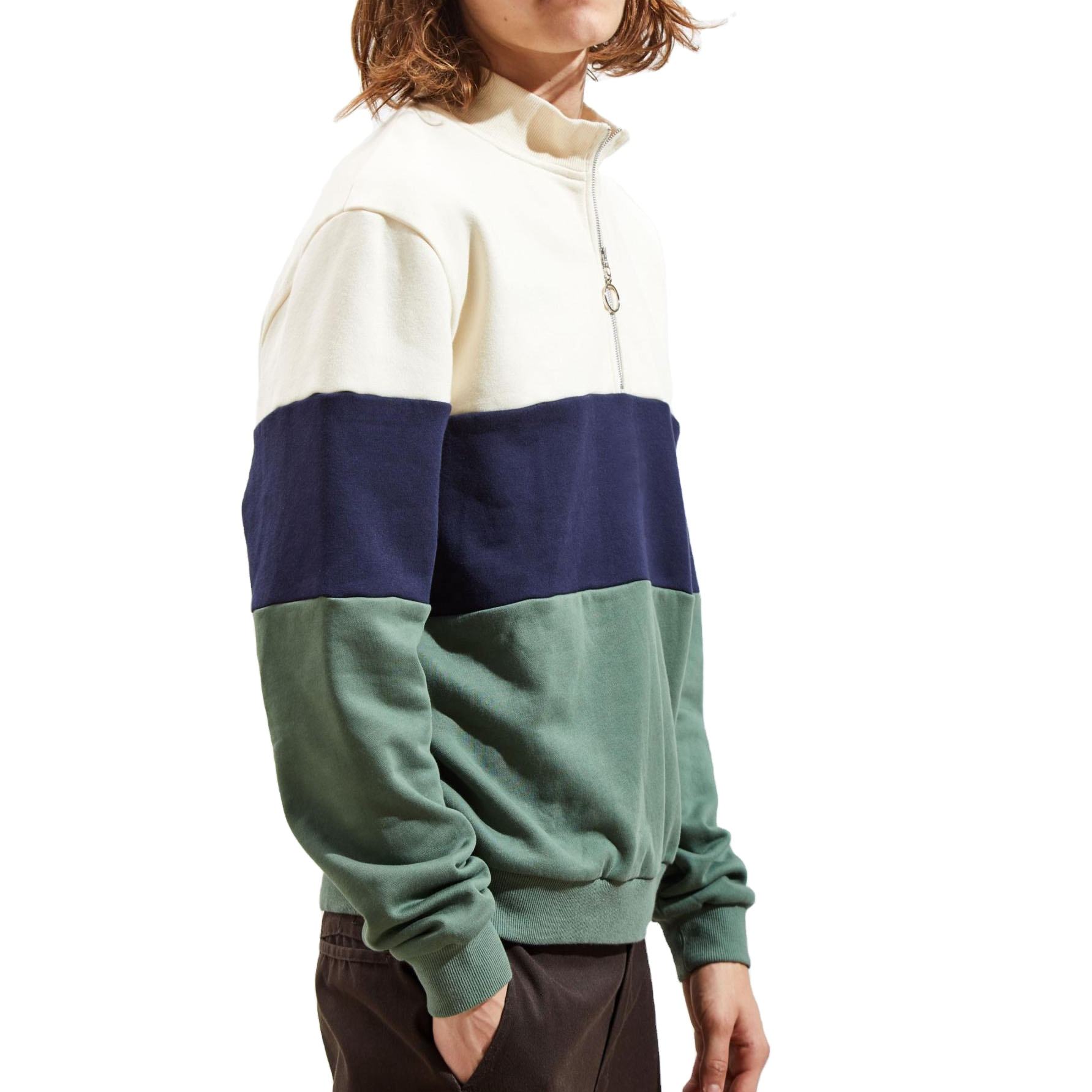 사용자 정의 도매 streetwear 남자 풀오버 양털 colorblock 스트라이핑 하프 지퍼 후드 티 셔츠