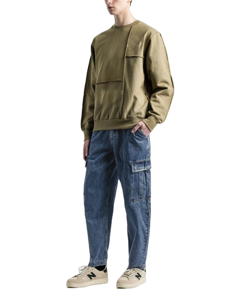 Wholesale Men's Cut & Sew Panel Light Olive Plain Crewneck Sweatshirts