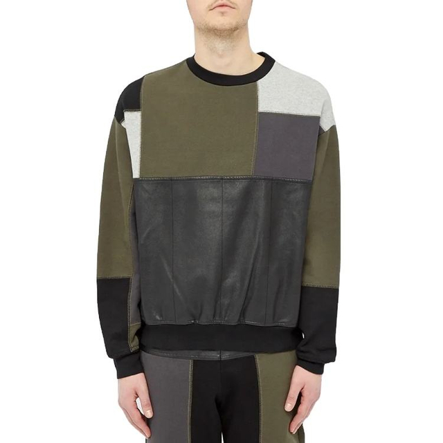 Custom Crewneck Color Block Patchwork Leather Sweatshirt voor mannen