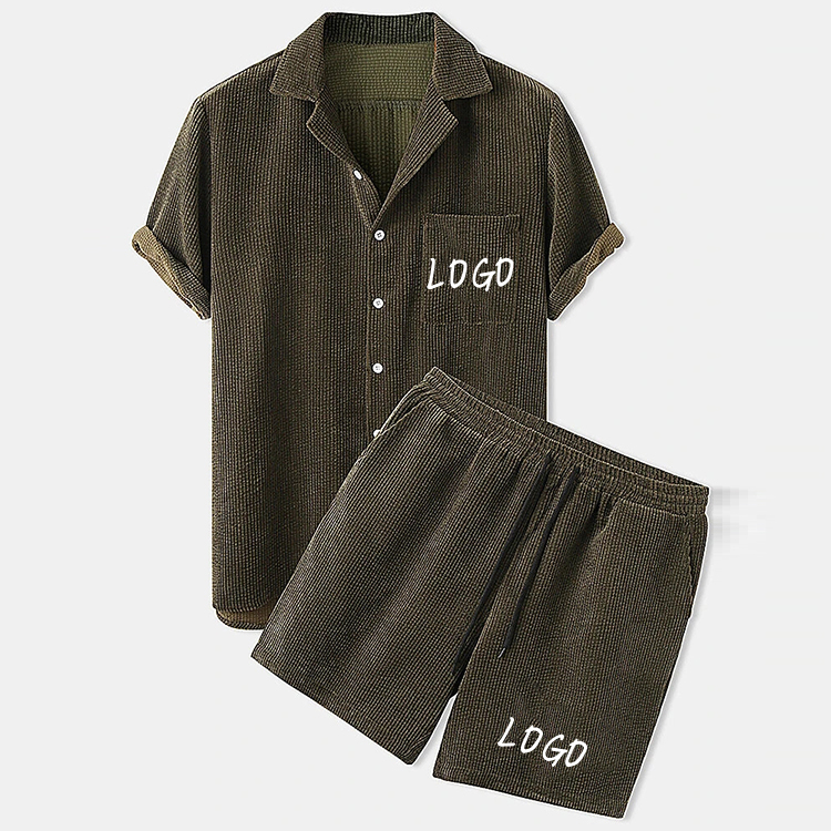 Custom Mens Corduroy Shirts Shorts Set Two Piece Shirt Shorts Tracksuit