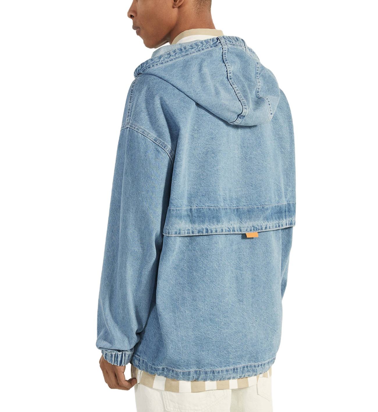 Custom Light Blue Denim Pouch Pocket Oversized Pullover Jacket Men Hoodie