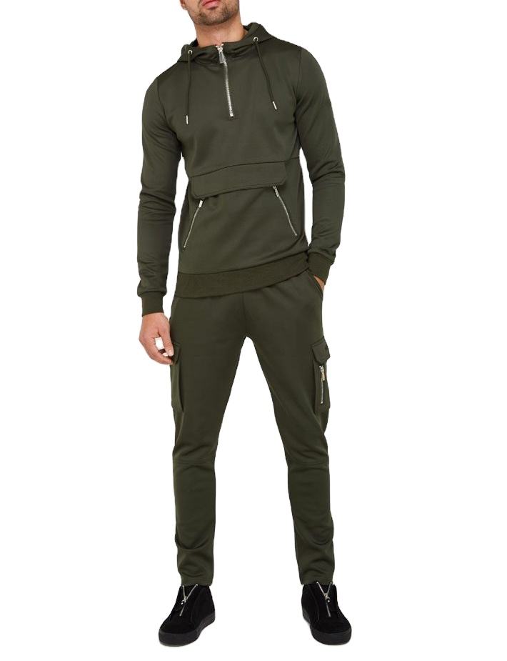 Men Custom Tracksuit Zipper Kangaroo Pocket Cargo Hoodie