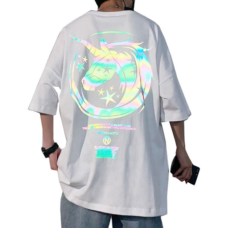 Camisetas personalizadas de mangas curtas unissex 100% algodão com impressão reflexiva com logotipo T